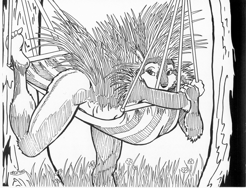 anthro female grass greyscale hammock mammal monochrome oscar_marcus pinup pointy_ears porcupine pose rodent simple_background solo tree wood