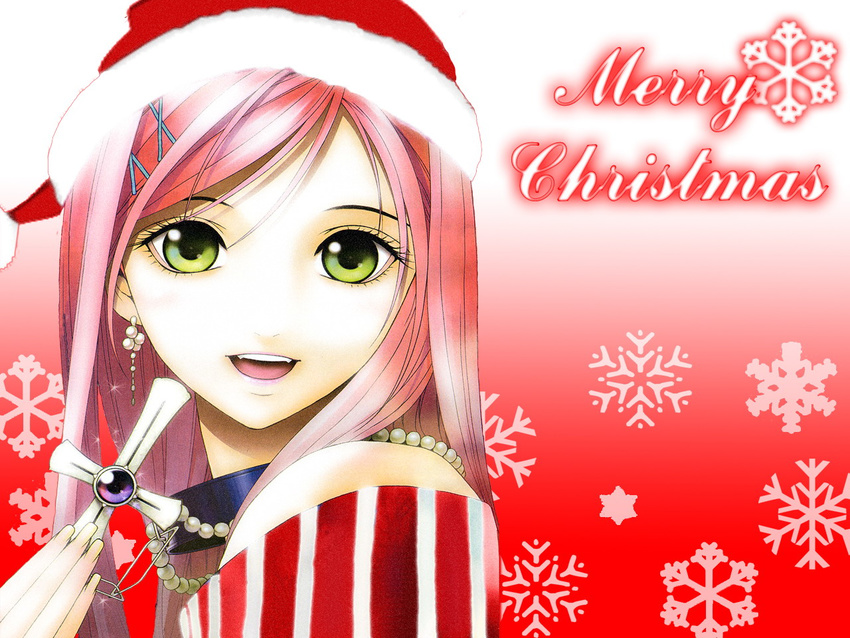 :d akashiya_moka bobblehat christmas earrings green_eyes jewelry looking_at_viewer open_mouth pink_hair rosario+vampire santa_costume santen smile snowflakes solo striped vertical_stripes