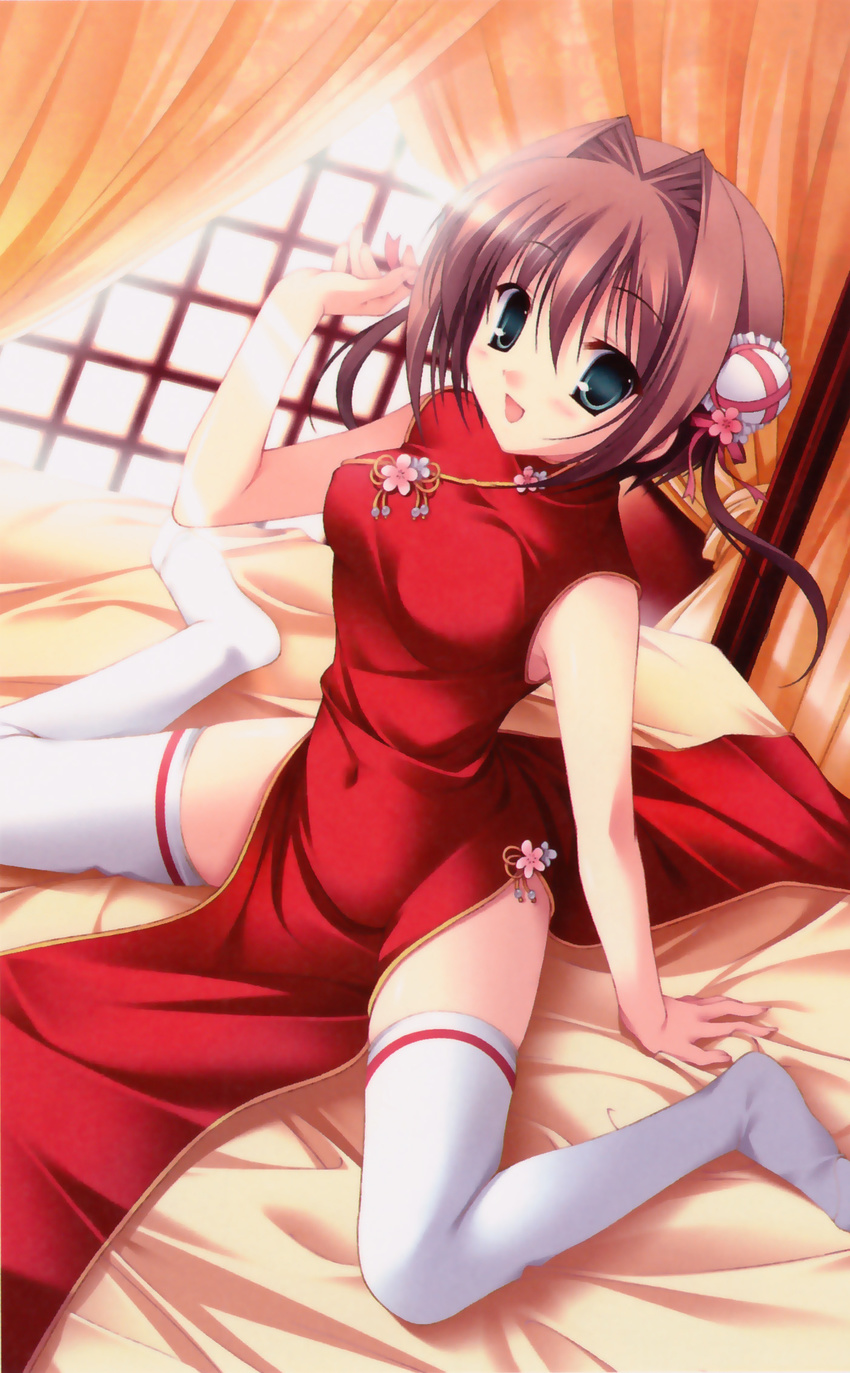 asakura_yume bed brown_hair china_dress chinese_clothes covered_navel da_capo da_capo_ii double_bun dress highres light_rays looking_at_viewer open_mouth ribbon shiny shiny_skin short_hair sitting skindentation sleeveless socks solo sunbeam sunlight tanihara_natsuki taut_clothes thighhighs wariza