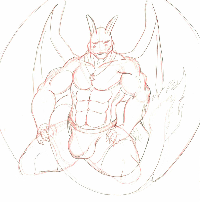 abs anthro biceps big_muscles bulge charizard charzy claws clothed clothing darius_koopa fangs fire half-dressed kneeling looking_at_viewer male muscles necklace nintendo pecs pok&#233;mon pok&#233;morph pokemon pose shorts sketch solo spread_legs spreading teeth topless underwear video_games wings