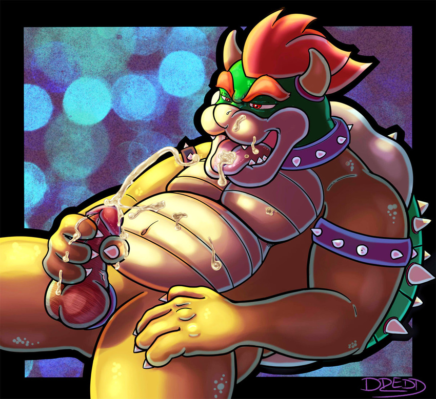 2012 anthro anthrofied balls beige_skin biceps blue_background bowser bowser_day chubby claws collar cum cum_everywhere cum_in_mouth cum_inside cum_on_balls cum_on_chest cum_on_face cum_on_hand cum_on_penis cum_on_stomach cum_on_tongue cum_string cumshot digitigrade dredd erection fangs grasp green_skin hair horn humanoid_penis koopa leaking looking_down lying male mario_bros masturbation messy muscles navel nintendo nude on_back on_floor open_mouth orgasm paws pecs penis plain_background red_eyes red_hair red_penis red_skin reptile scales scalie shadow sharp_teeth shell shiny short_hair smile solo spikes spread_legs spreading squint super_mario_bros. teeth text tongue tongue_out turtle vein video_games yellow_skin