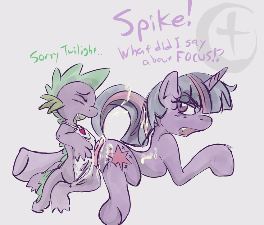 argoth butt cum cum_on_back cum_on_butt cutie_mark dragon duo english_text equine erection eyes_closed female feral friendship_is_magic from_behind horn hot_dogging interspecies looking_back male mammal my_little_pony open_mouth penis plain_background scalie signature spike spike_(mlp) straight text twilight_sparkle unicorn