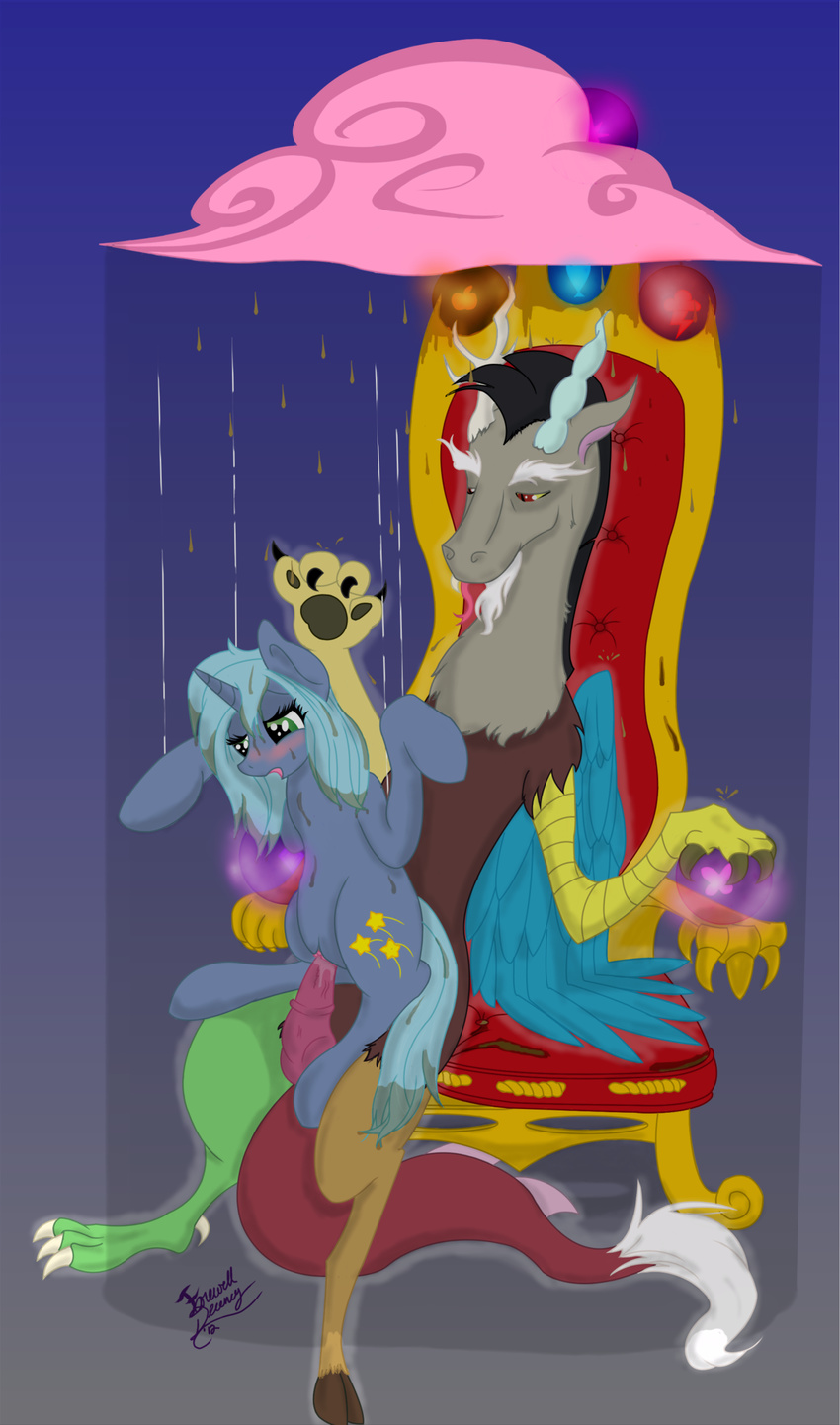 2012 antlers blue_hair cloud cutie_mark discord discord_(mlp) draconequus duo equine farewelldecency female feral friendship_is_magic fur green_eyes grey_fur hair hi_res horn male mammal my_little_pony on_top original_character red_eyes reverse_cowgirl_position sex signature sitting straight throne unicorn