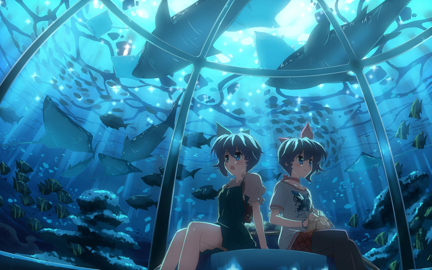 :o aquarium blue blue_eyes blue_hair casual dj_max dj_max_portable fish highres ladymade_star manta_ray multiple_girls pantyhose short_hair siblings sisters sitting smile twins wallpaper yuuki_tatsuya