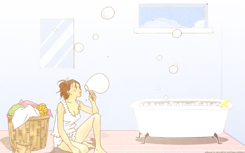 artist_request bare_shoulders basket bathroom bathtub blush breasts brown_hair cleavage clothes_removed collarbone dress foam indoors large_breasts noda_megumi nodame_cantabile short_hair sitting sleeveless sleeveless_dress solo wallpaper white_dress