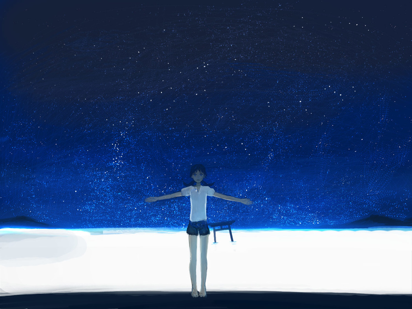 barefoot blue_eyes md5_mismatch narutaru night night_sky ocean outstretched_arms shirt shorts sime_(echo) sky solo spread_arms star_(sky) starry_sky t-shirt tamai_shiina torii twintails