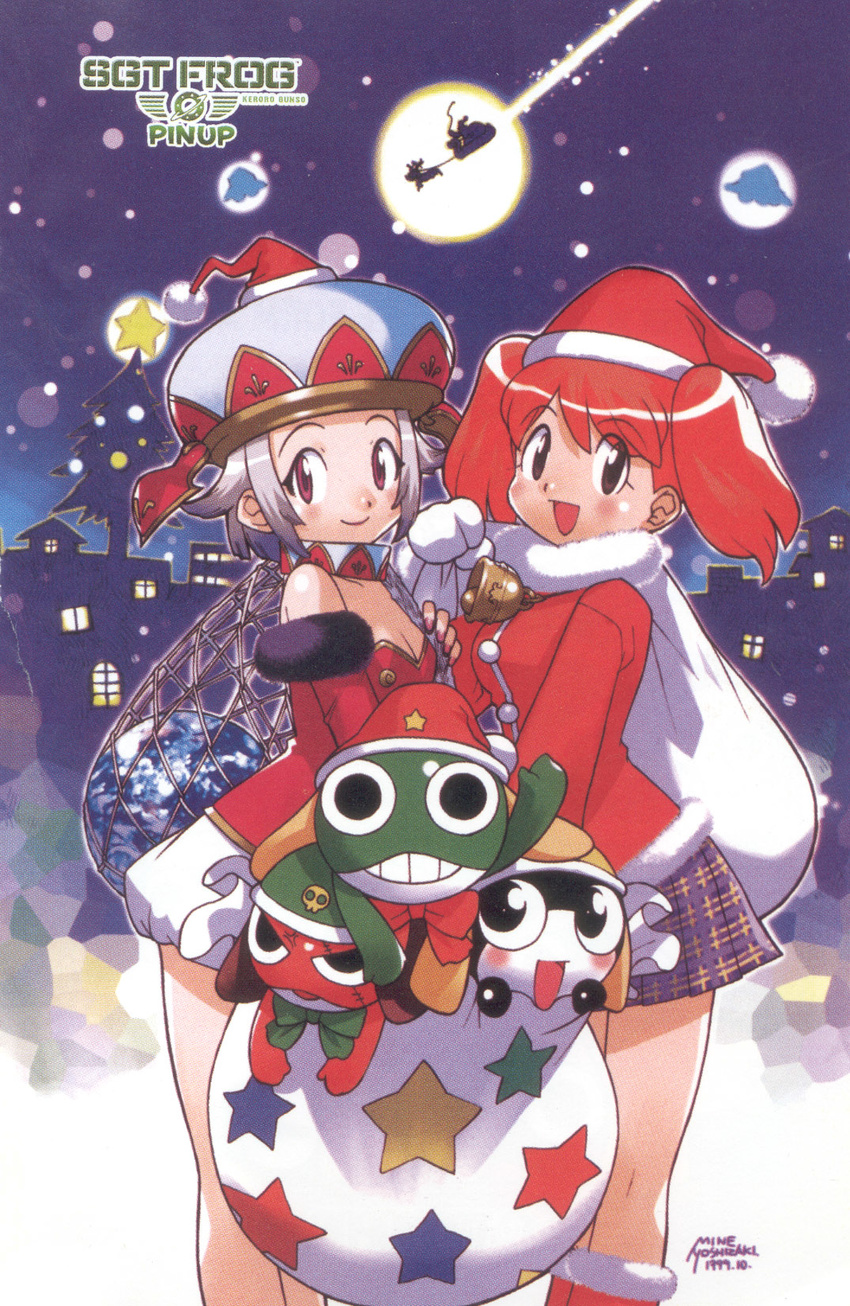 :d angol_mois ball blush brown_eyes full_moon giroro grey_skirt hat highres hinata_natsumi keroro keroro_gunsou looking_at_viewer moon multiple_girls open_mouth plaid plaid_skirt red_hair sack santa_costume santa_hat scan short_hair silhouette silver_hair skirt smile standing star tamama yoshizaki_mine