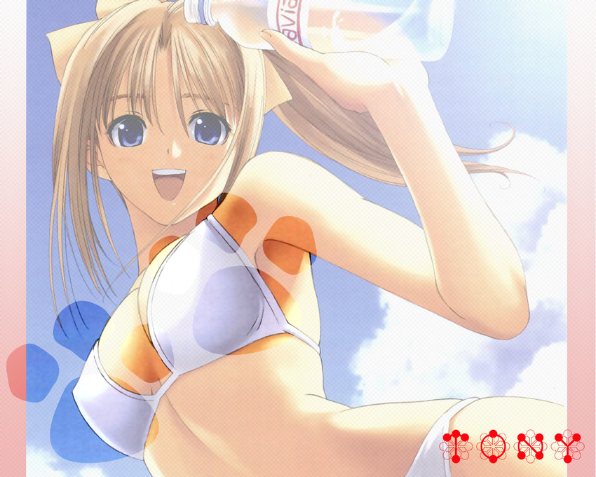 after armpits bikini blue_eyes bottle brown_hair cloud day navel non-web_source ponytail shiomiya_kanami sky solo swimsuit tanaka_takayuki wallpaper water_bottle watermark white_bikini