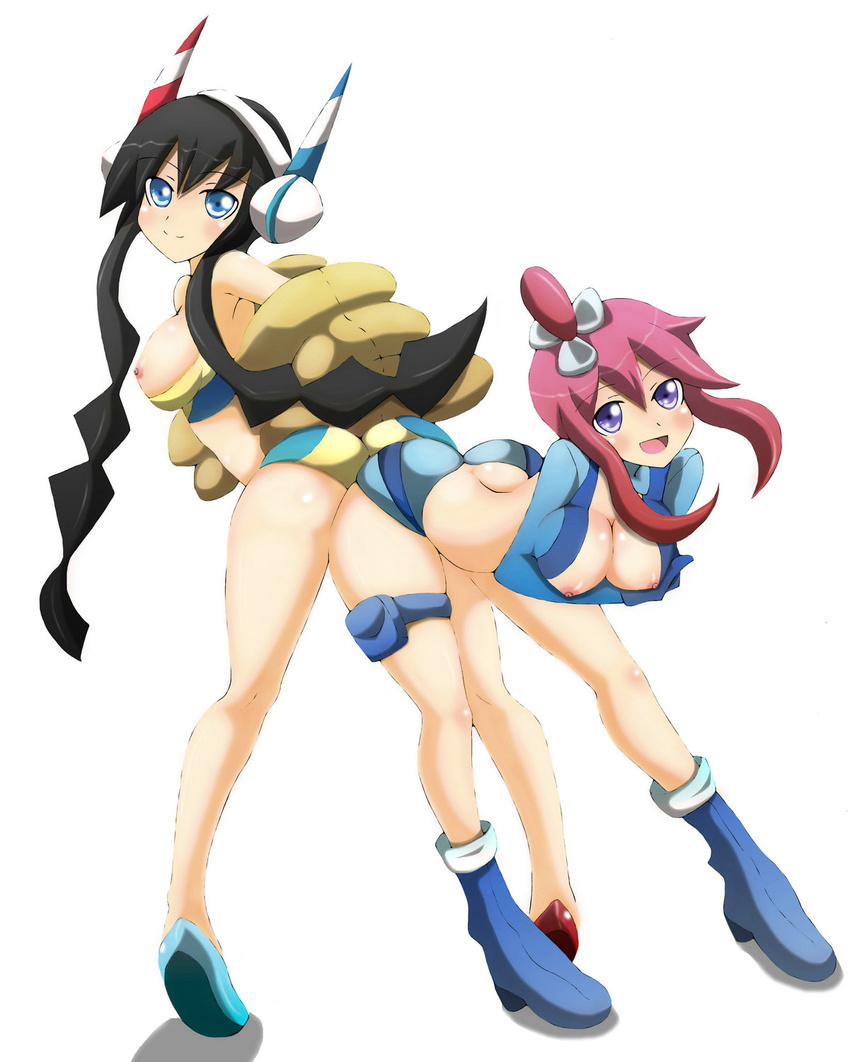 2girls ass ass-to-ass bare_shoulders bent_over black_hair blue_eyes blush boots breast_hold breasts elesa fur_coat fuuro_(pokemon) gloves gym_leader hair_ornament headphones kamitsure_(pokemon) leaning leaning_forward long_hair looking_at_viewer multiple_girls nipple_slip nipples open_mouth pink_hair pokemon pokemon_(game) pokemon_bw pokemon_bw2 purple_eyes short_shorts shorts skyla smile twintails xiaoking yuri