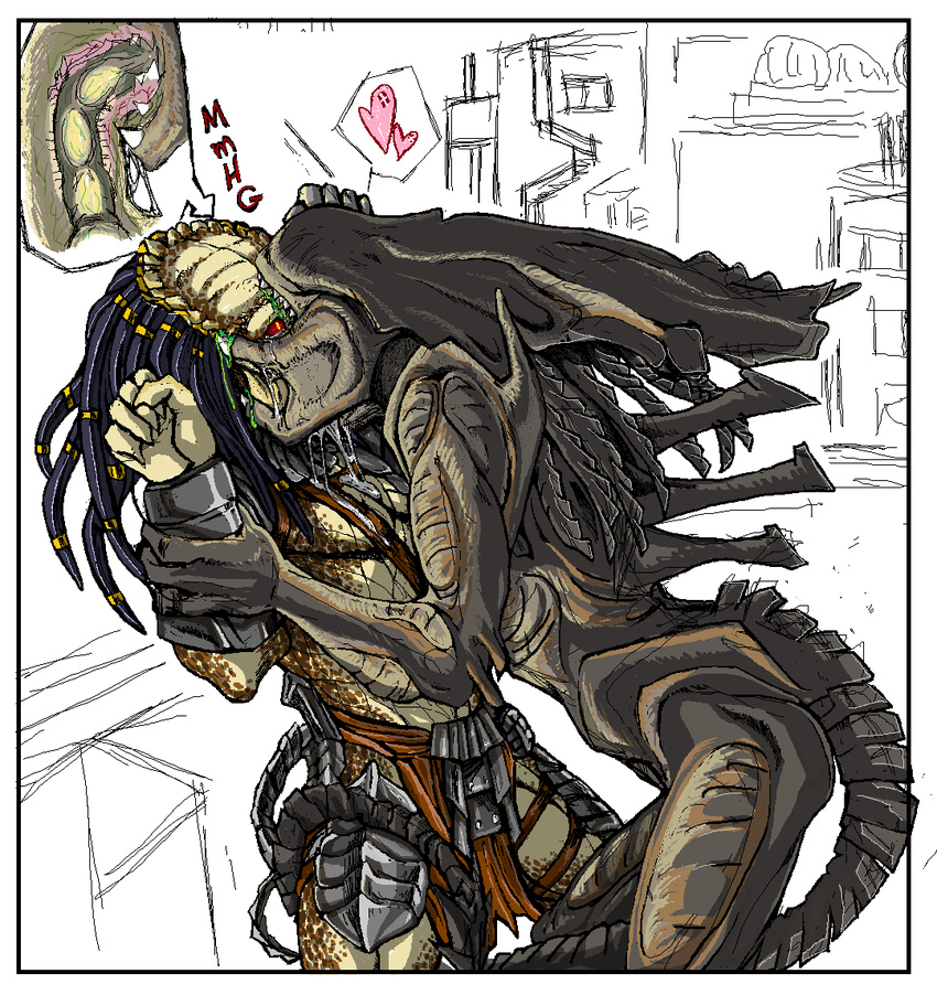 alien alien_(franchise) aliens_vs_predator claws clothing impregnation kissing male mandibles oviposition predalien predator predator_(franchise) saliva teeth xenomorph yautja