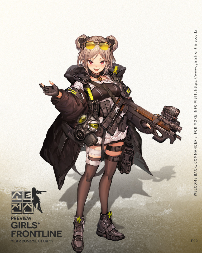 bangs black_coat black_footwear black_gloves black_legwear blush boots breasts brown_hair bullpup character_name choker coat double_bun eyewear_on_head full_body gas_mask girls_frontline gloves gun hair_ornament highres holding holding_gun holding_weapon light_brown_hair lm7_(op-center) load_bearing_equipment looking_at_viewer medium_breasts official_art open_clothes open_coat open_mouth p90 p90_(girls_frontline) partly_fingerless_gloves pouch red_eyes scope short_hair sidelocks smile snap-fit_buckle solo standing strap submachine_gun thigh_strap thighhighs tinted_eyewear trigger_discipline weapon zipper_footwear