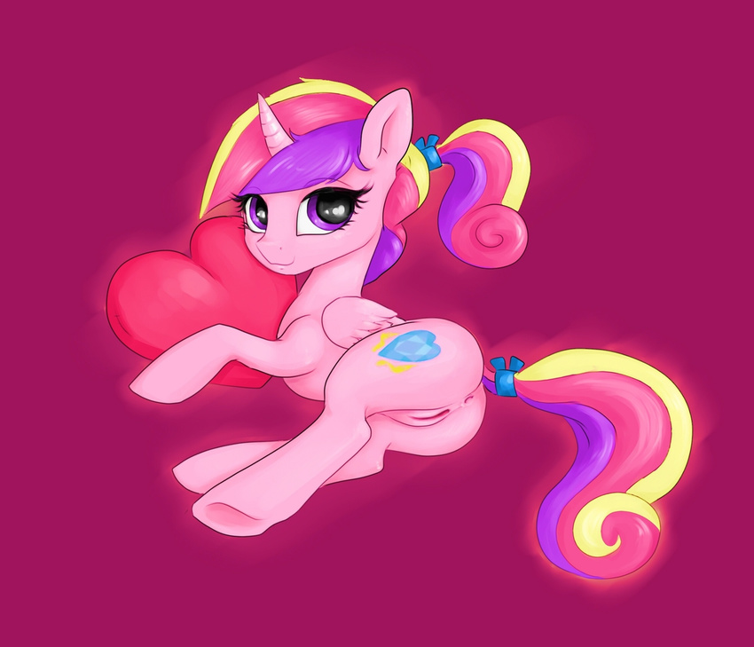 anus butt cutie_mark equine female feral friendship_is_magic fur hair horn justpony looking_at_viewer mammal multi-colored_hair my_little_pony pink_fur plain_background princess_cadance_(mlp) princess_cadence purple_eyes pussy solo winged_unicorn wings