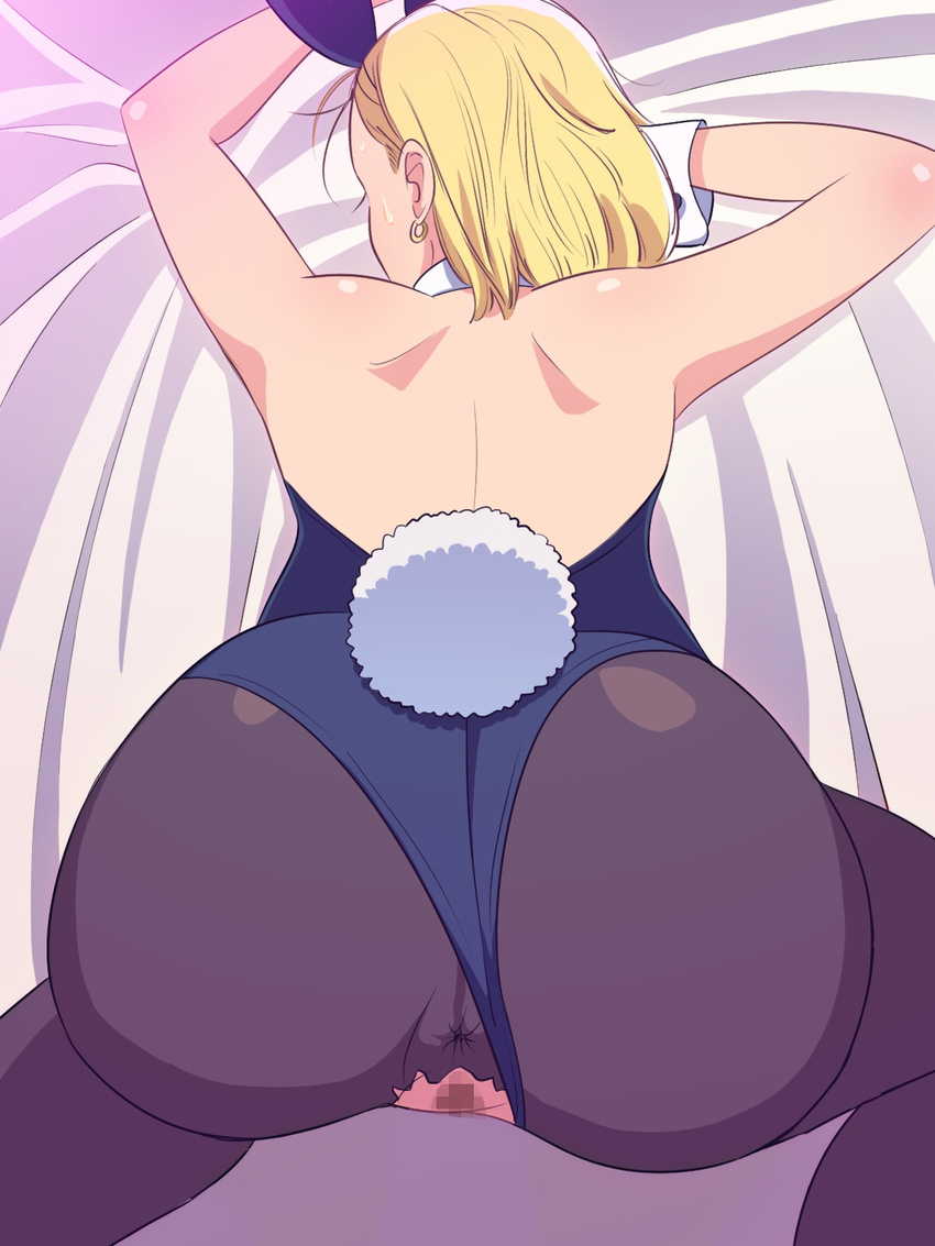 1girl all_fours android_18 animal_ears anus ass back bare_shoulders bed blonde_hair bunny_ears bunny_girl bunnysuit censored dragon_ball dragon_ball_z dragonball_z earrings engawa_suguru erodon_hearts fake_animal_ears fake_tail from_behind highres huge_ass jewelry legs mosaic_censoring no_panties pantyhose pussy short_hair solo sweat tail thighs top-down_bottom-up torn_clothes torn_pantyhose wrist_cuffs