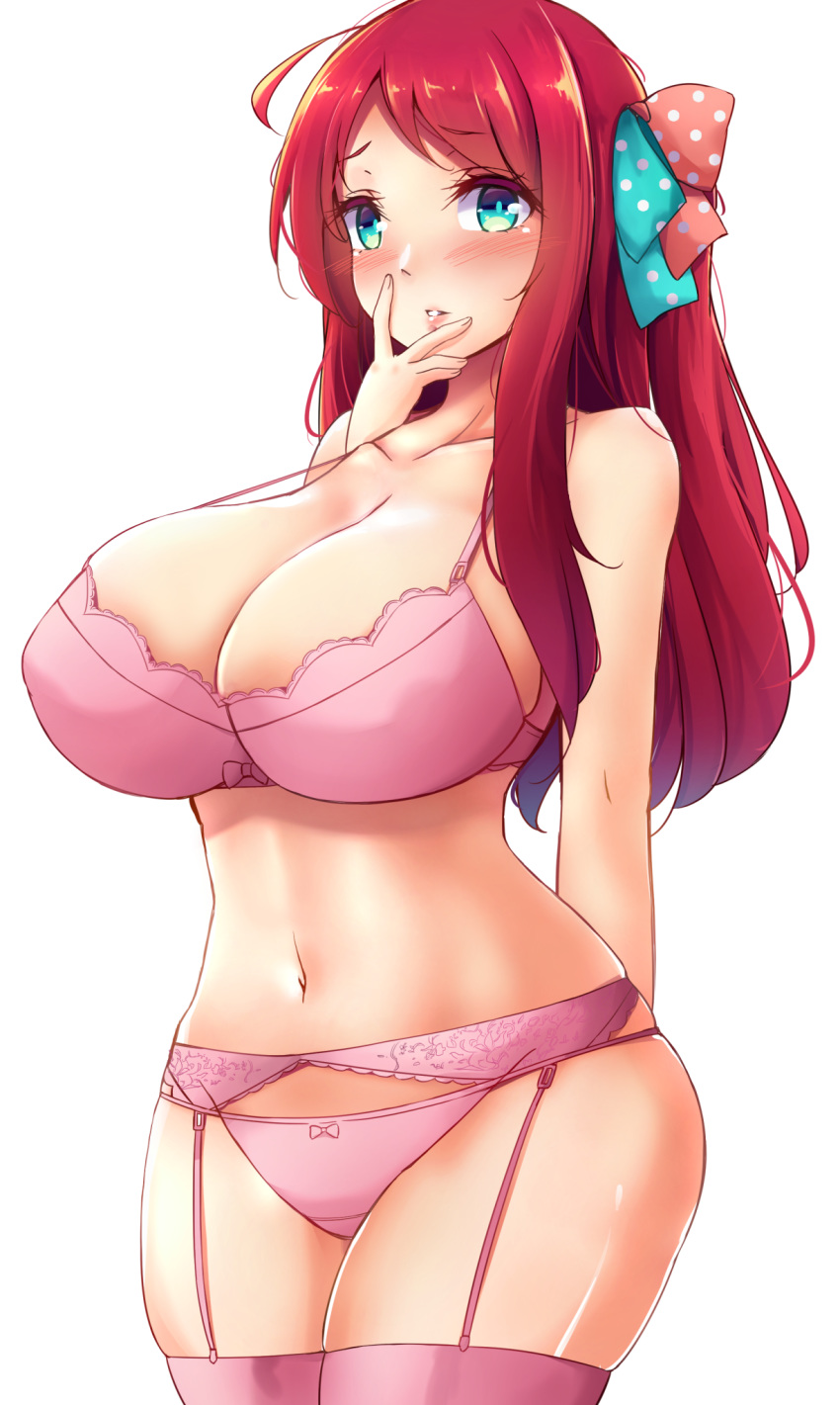 aqua_eyes arm_behind_back bare_shoulders blush bow bra breasts cleavage eyebrows_visible_through_hair hair_bow hand_on_own_face huge_breasts lingerie long_hair looking_at_viewer minamoto_sakura mistynight navel panties parted_lips pink_bra pink_panties red_hair simple_background solo standing thighhighs underwear white_background zettai_ryouiki zombie zombie_land_saga