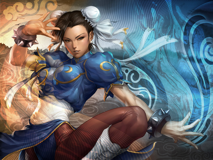 bracelet brown_eyes brown_hair bun_cover china_dress chinese_clothes chun-li double_bun dress jewelry pantyhose pelvic_curtain sash solo spiked_bracelet spikes stanley_lau street_fighter