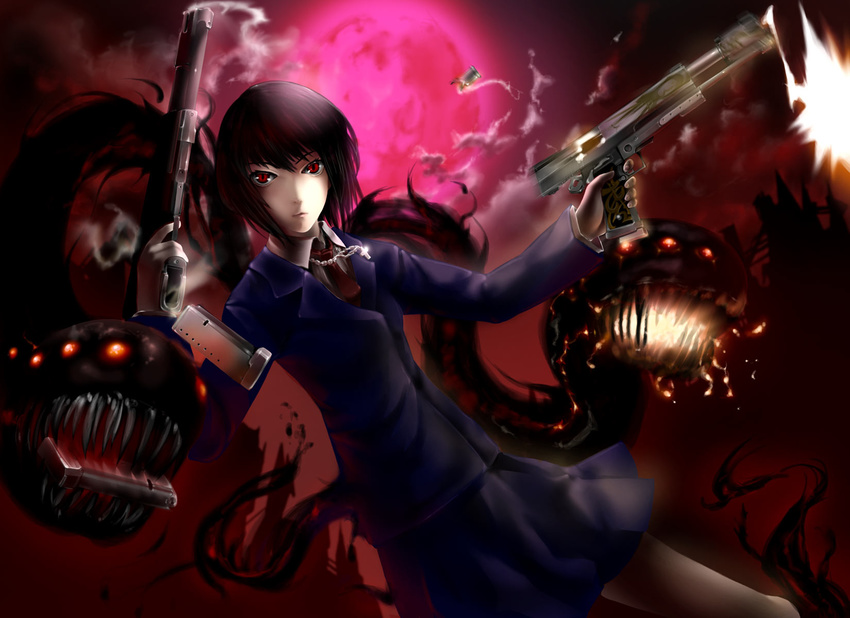 abubu brown_hair casing_ejection cross dual_wielding gun handgun highres holding image_comics locked_slide magazine_(weapon) magazine_ejection monster moon original parody pistol red_eyes red_moon shell_casing short_hair solo the_darkness the_darkness_(character) weapon