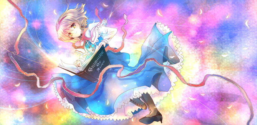 alice_margatroid blonde_hair blue_dress book boots capelet cross-laced_footwear dress floating grimoire grimoire_of_alice hairband lace-up_boots petals petticoat ribbon short_hair smile solo torii_sumi touhou yellow_eyes
