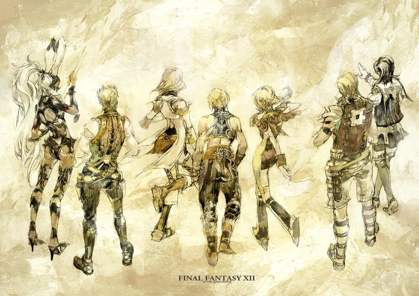 4boys ashelia_b'nargin_dalmasca ass balflear basch_fon_ronsenburg black_hair blonde_hair boots dark_skin everyone final_fantasy final_fantasy_xii fran from_behind high_heels larsa_ferrinas_solidor lineup long_hair mos multiple_boys multiple_girls penelo ponytail shoes short_hair shorts silver_hair vaan very_long_hair viera white_hair