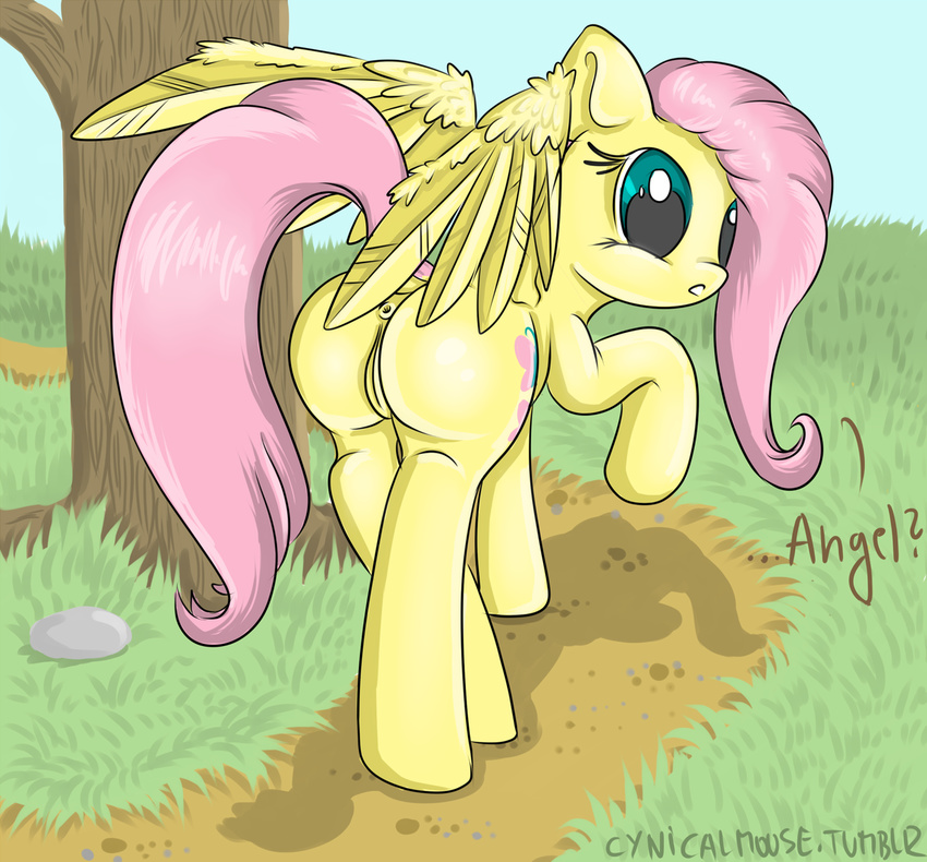 2012 anus blue_eyes cutie_mark cynicalmoose english_text equine female feral fluttershy fluttershy_(mlp) friendship_is_magic fur grass hair mammal my_little_pony outside pegasus pink_hair pussy sky solo text tree wings yellow_fur