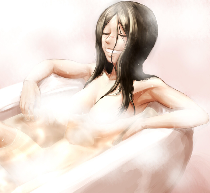 1girl alice:_madness_returns alice_(wonderland) alice_in_wonderland alice_liddell alice_madness_returns american_mcgee's_alice american_mcgee's_alice artist_request bath bathtub breasts censored ceramic_man cleavage convenient_censoring eyes_closed grin nude smile solo steam water wet