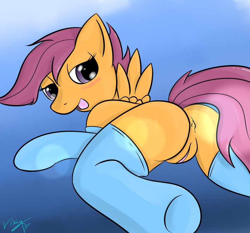 back_turned bedroom_eyes blush clitoris cutie_mark_crusaders equine feathers female friendship_is_magic fur hair hooves legwear looking_at_viewer looking_back lying mammal my_little_pony open_mouth orange_fur pegasus presenting purple_eyes purple_hair pussy raised_tail scootaloo scootaloo_(mlp) smile solo stockings vixy vixy_(artist) wings young