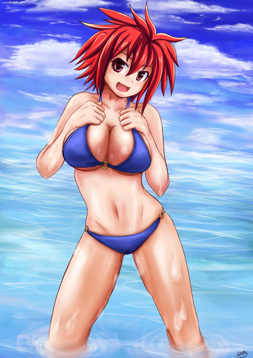 1girl angela_strraughend artist_request bikini highres looking_at_viewer red_eyes red_hair rusty_hearts short_hair smile solo spiked_hair swimsuit