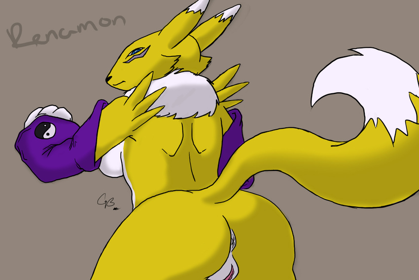 anus back_turned black_nose blue_eyes bombchu breasts butt chubby digimon facial_markings female fur gloves looking_back markings plump_labia presenting pussy renamon side_boob tuft white_fur