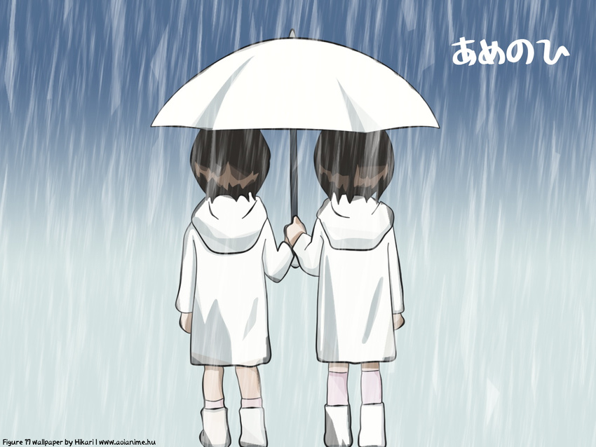 boots brown_hair coat figure_17 from_behind holding holding_umbrella multiple_girls rain shared_umbrella shiina_hikaru shiina_tsubasa short_hair translated umbrella wallpaper