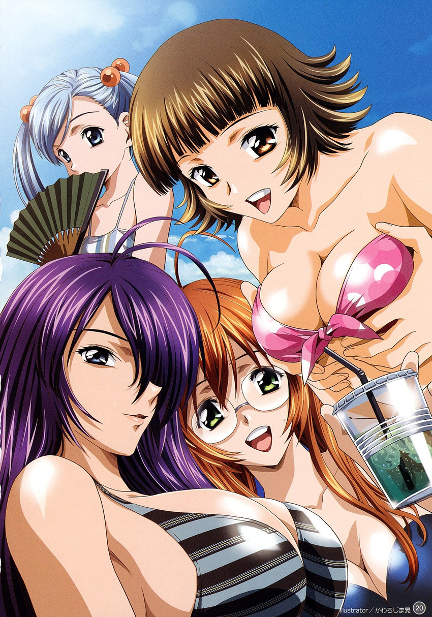 4girls ahoge antenna_hair artbook bikini blue_eyes blue_hair breast_squeeze breasts brown_eyes brown_hair chouhi_ekitoku cleavage covering_mouth dutch_angle fan fanbook folding_fan green_eyes hair_bobbles hair_ornament hair_over_one_eye happy highres huge_breasts ikkitousen ikkitousen_dragon_destiny kan'u_unchou kanu_unchou kawarajima_koh kawarajima_kou multiple_girls official_fanbook ryuubi_gentoku scan shokatsuryou_koumei short_hair striped striped_bikini striped_swimsuit swimsuit twintails