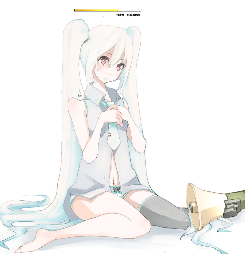 albino barefoot bow bow_panties green_panties hatsune_miku highres loading_screen long_hair megaphone necktie panties red_eyes solo striped striped_panties tansuke thighhighs twintails underwear undressing vocaloid white_hair