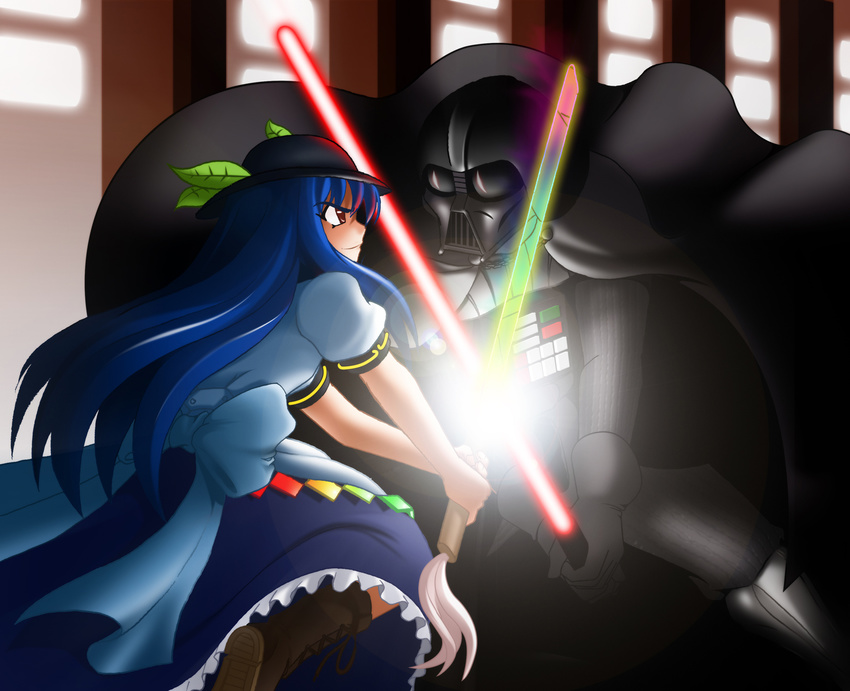 1girl battle boots clash crossover darth_vader duel energy_sword highres hinanawi_tenshi lightsaber mugenjohncel star_wars sword sword_of_hisou touhou weapon