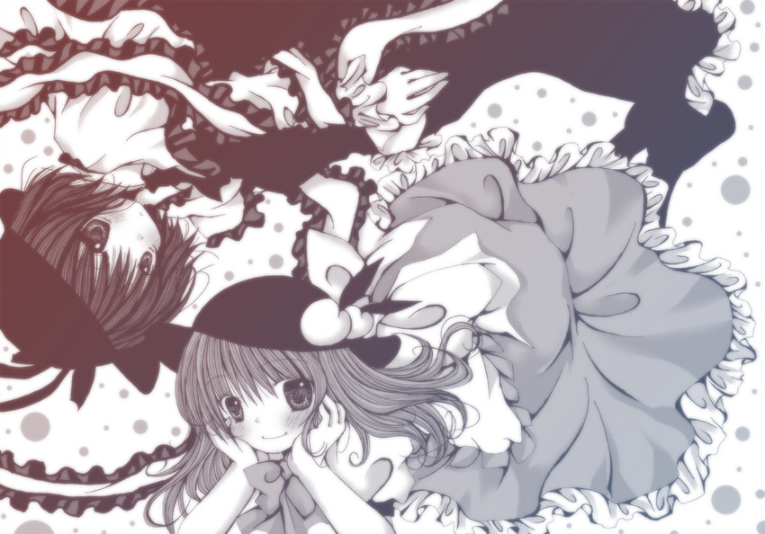 bad_id bad_pixiv_id food fruit gradient hat hinanawi_tenshi kasuga_sunao long_hair monochrome multiple_girls nagae_iku peach ribbon short_hair touhou