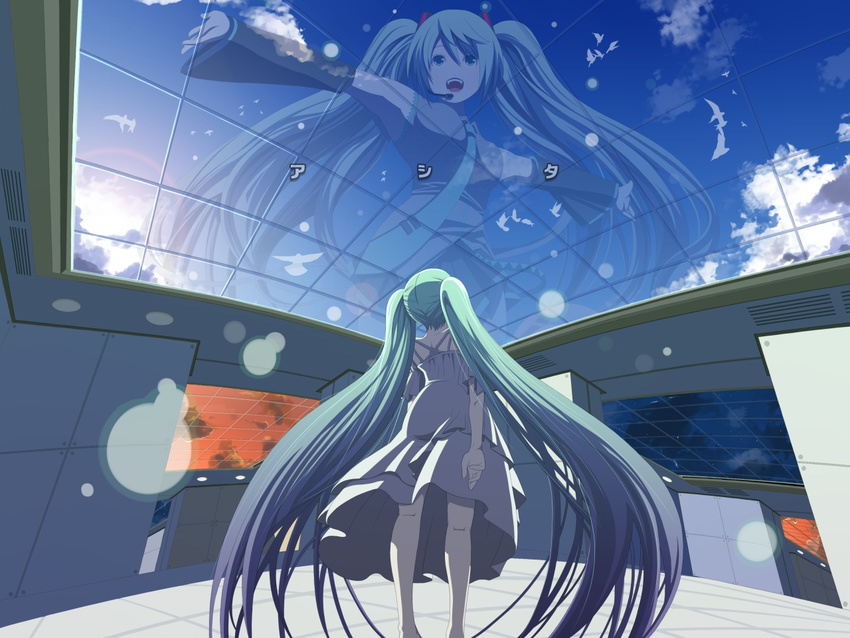 aqua_hair cloud glass hatsune_miku long_hair looking_up outstretched_arms sky solo spread_arms sun sunset tsukumo twintails very_long_hair vocaloid