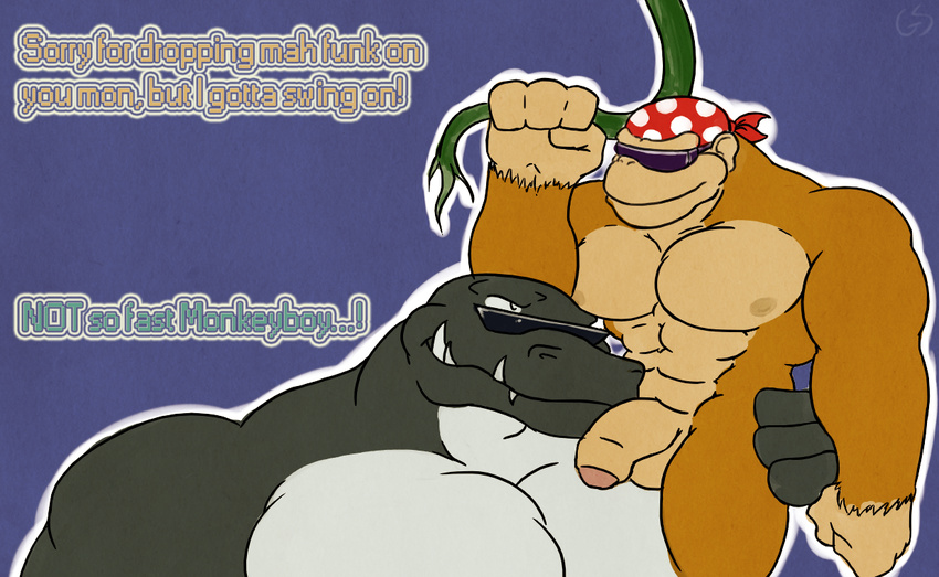 ape balls bandanna biceps big_balls big_muscles big_penis crocodile donkey_kong_(series) donkey_kong_country english_text eyewear fangs flaccid funky_kong fur gay gorilla gs kremling kudgel male mammal muscles nintendo nude pecs penis primate reptile scalie sitting sunglasses text video_games vine