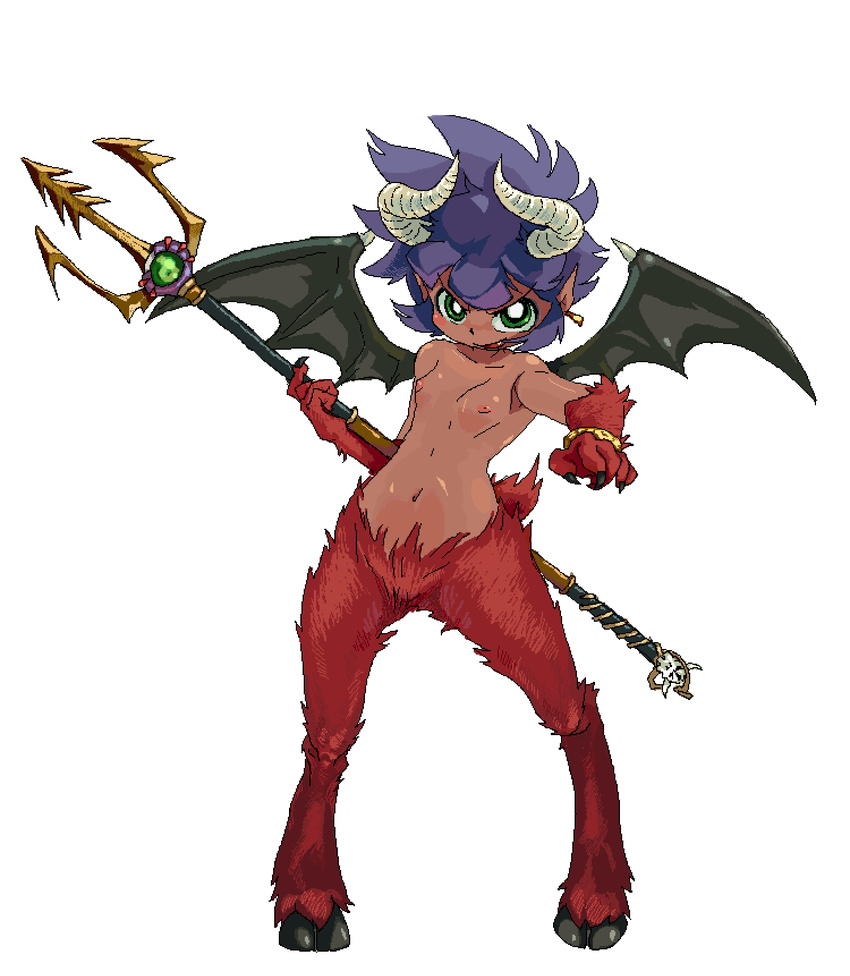 1girl bat_wings bracelet breasts buttercup claws demon earrings fang fur green_eyes highres hooves horns jewelry kaoru_matsubara matsubara_kaoru monster_girl nipples nude open_mouth pixel_art polearm powerpuff_girls powerpuff_girls_z purple_hair simple_background small_breasts spear tail trident weapon white_background wings