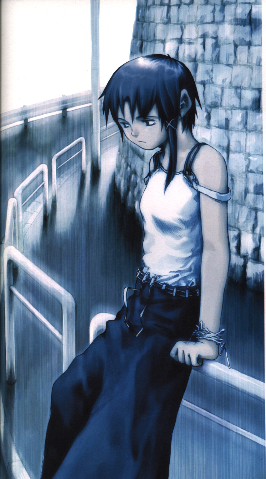 abe_yoshitoshi absurdres artbook bare_shoulders belt blue bracelet brown_eyes brown_hair hair_ornament hairclip highres iwakura_lain jewelry long_skirt looking_down muted_color official_art railing rain road scan serial_experiments_lain short_hair skirt solo strap_slip wall