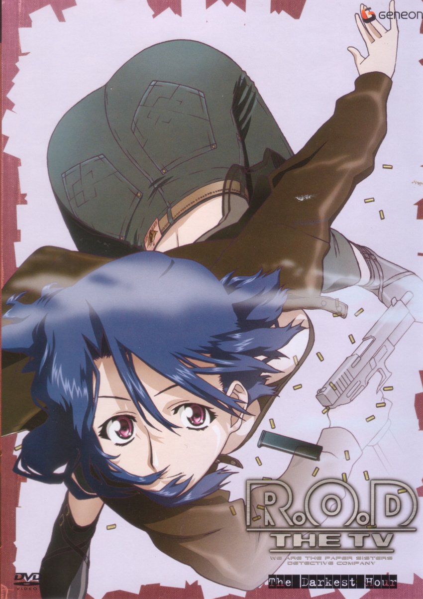 absurdres back belt bent_over blue_hair boots breasts cleavage company_name copyright_name cover denim downblouse dvd_cover glock gun handgun highres ishihama_masashi jacket jeans large_breasts logo magazine_(weapon) nancy_makuhari no_bra official_art open_clothes open_jacket pants pink_eyes pistol r.o.d_the_tv read_or_die scan shell_casing short_hair smile solo weapon
