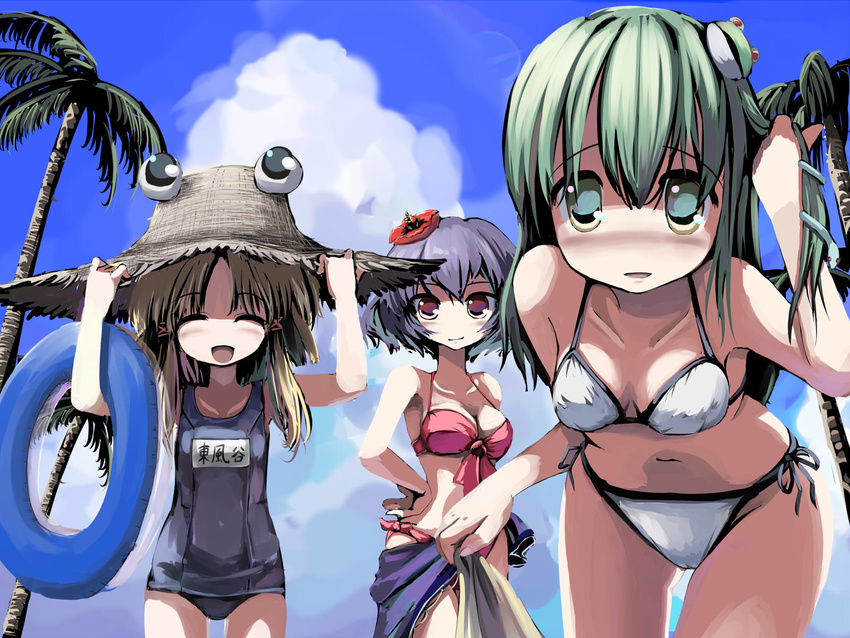 adjusting_hair beach bent_over bikini black_school_swimsuit blonde_hair blue_sarong blush closed_eyes day flower frog front-tie_top gatau green_eyes green_hair hair_flower hair_ornament hair_ribbon hand_on_headwear hand_on_hip happy hat hibiscus highres innertube kochiya_sanae long_hair moriya_suwako multiple_girls no_nose one-piece_swimsuit outdoors palm_tree purple_hair red_eyes ribbon sarong sarong_removed school_swimsuit short_hair side-tie_bikini smile snake straw_hat swimsuit touhou tree wallpaper white_bikini white_sarong yasaka_kanako