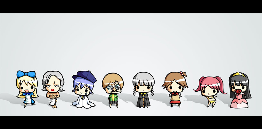 4girls amagi_yukiko bad_id bad_pixiv_id chibi crossdressing hanamura_yousuke kujikawa_rise kuma_(persona_4) letterboxed lineup multiple_boys multiple_girls narukami_yuu persona persona_4 satonaka_chie shadow shirogane_naoto simple_background tatsumi_kanji toho_(a) white_background