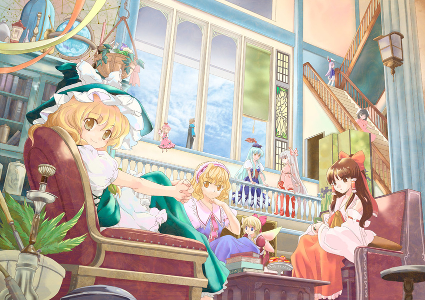 6+girls alice_margatroid animal_ears aqua_dress arm_support armchair ascot bad_id bad_pixiv_id bangs blonde_hair blue_dress blue_hair book book_stack bow brown_eyes brown_hair bunny_ears cabinet candle candlestand chair chin_rest cup detached_sleeves dress dutch_angle flower food from_below fruit fujiwara_no_mokou globe hair_bow hair_tubes hairband hakurei_reimu hands_clasped hat hat_bow holding holding_cup hourai_doll inaba_tewi indoors interlocked_fingers jewelry kamishirasawa_keine kirisame_marisa leg_hug light_smile lolita_hairband long_sleeves looking_at_viewer looking_back morichika_rinnosuke multiple_girls mystia_lorelei nanami_sano necklace nontraditional_miko own_hands_together pants pink_dress plant potted_plant puffy_short_sleeves puffy_sleeves railing red_dress reisen_udongein_inaba ribbon-trimmed_sleeves ribbon_trim short_sleeves silver_hair sitting sky stained_glass stairs standing table touhou vase window wing_collar wings witch_hat yellow_eyes yunomi