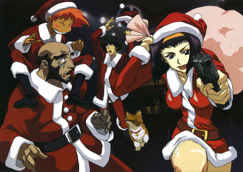 2girls artist_request beard blush_stickers boots christmas cowboy_bebop dog edward_wong_hau_pepelu_tivrusky_iv ein_(cowboy_bebop) facial_hair faye_valentine gun hairband handgun hat highres jet_black multiple_boys multiple_girls pistol purple_hair sack santa_costume santa_hat smile spike_spiegel weapon welsh_corgi