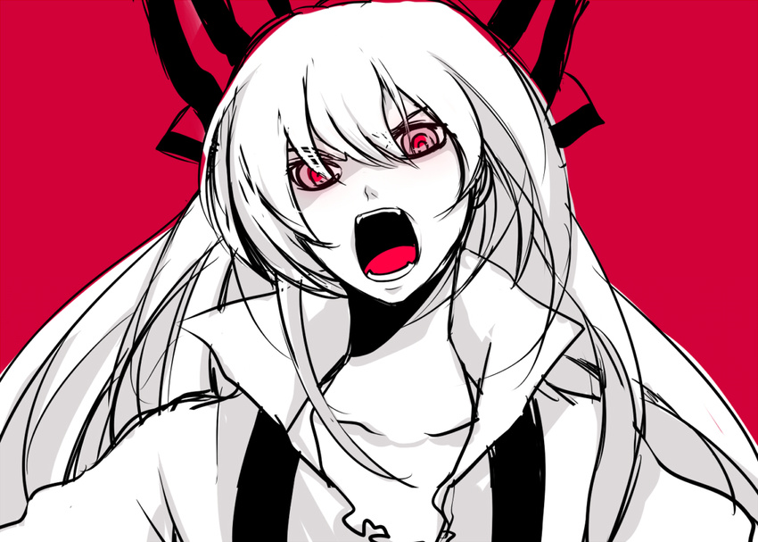 angry banned_artist fujiwara_no_mokou harano monochrome red red_background solo spot_color touhou
