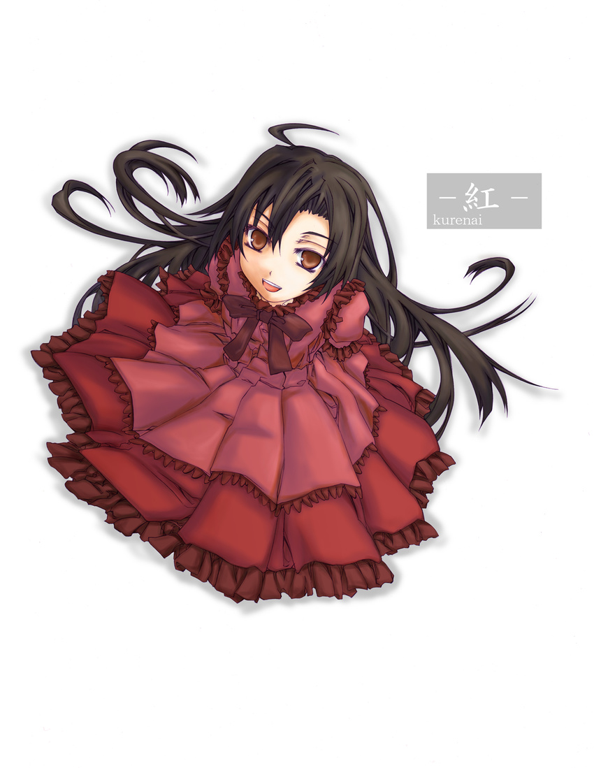 black_hair brown_eyes choukichi copyright_name dress highres kuhouin_murasaki kure-nai long_hair red_dress solo