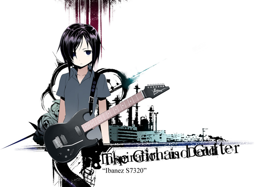blood buckle closed_mouth cowboy_shot expressionless guitar hair_over_one_eye ibanez ichikura_(bk) instrument looking_at_viewer original over_shoulder pants shirt short_sleeves simple_background solo standing t-shirt white_background
