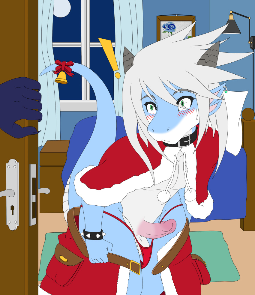 anthro balls bed bedroom bell belt blue_skin blush buckle christmas clothed clothing dragon dreiki_(character) erection flower green_eyes hi_res holidays horn kuramichan male mammal markings moon penis piercing plant purple_skin ribbons scalie shocked underwear white_skin zen_(character)