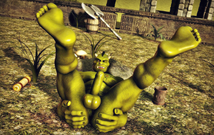 anthro axe balls big_penis cup darkviper199027 facial_piercing gay grass green_skin hair hands_on_butt hindpaw horn male muscles nipples orc paws pecs penis presenting red_eyes scroll spread_anus spreading viper016 weapon world_of_warcraft