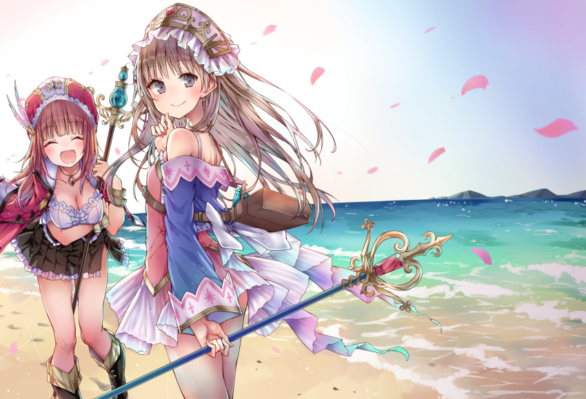 2girls alt atelier atelier_totori beach blush boots breasts brown_eyes brown_hair cleavage dress hat headdress long_hair necklace petals red_hair rororina_fryxell skirt sky staff totooria_helmold water wristwear