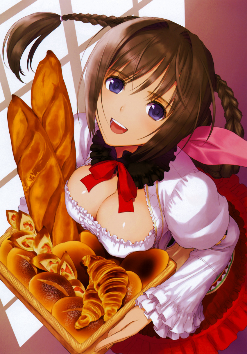 1girl :d absurdres baguette blue_eyes bow braid bread breast_rest breasts brown_hair cleavage food from_above happy highres holding indoors large_breasts looking_at_viewer neris_(shining_hearts) open_mouth scan sega shining_(series) shining_hearts shining_world single_braid smile solo tanaka_takayuki tray twin_braids window