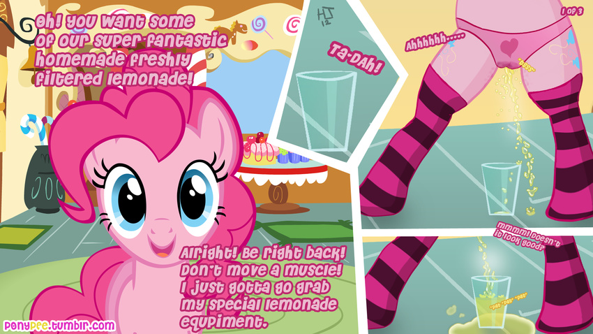 2012 blue_eyes camel_toe comic cutie_mark dialog english_text equine female feral friendship_is_magic fur hair horse inside looking_at_viewer mammal my_little_pony panties peeing pink_fur pink_hair pinkie_pie pinkie_pie_(mlp) pony solo text underwear urine watersports