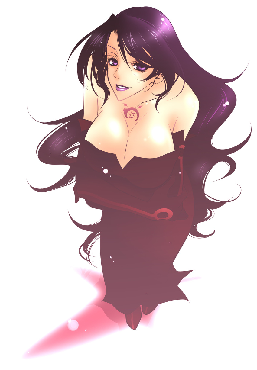 absurdres bad_id bad_pixiv_id bent_over black_dress black_hair breast_squeeze breasts cleavage crossed_arms dress fullmetal_alchemist gloves highres large_breasts lipstick long_hair lust makeup mutsuki_futako purple_eyes purple_lipstick shiny simple_background smile solo tattoo wavy_hair